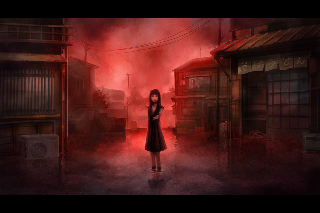 city creepy kajiro_miyako night red scary siren tako_(pixiv8535) water