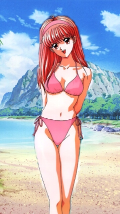 90s beach bikini fujisaki_shiori kokura_masashi konami long_hair lowres official_art pink_bikini red_eyes red_hair redhead scan swimsuit tokimeki_memorial tokimeki_memorial_1