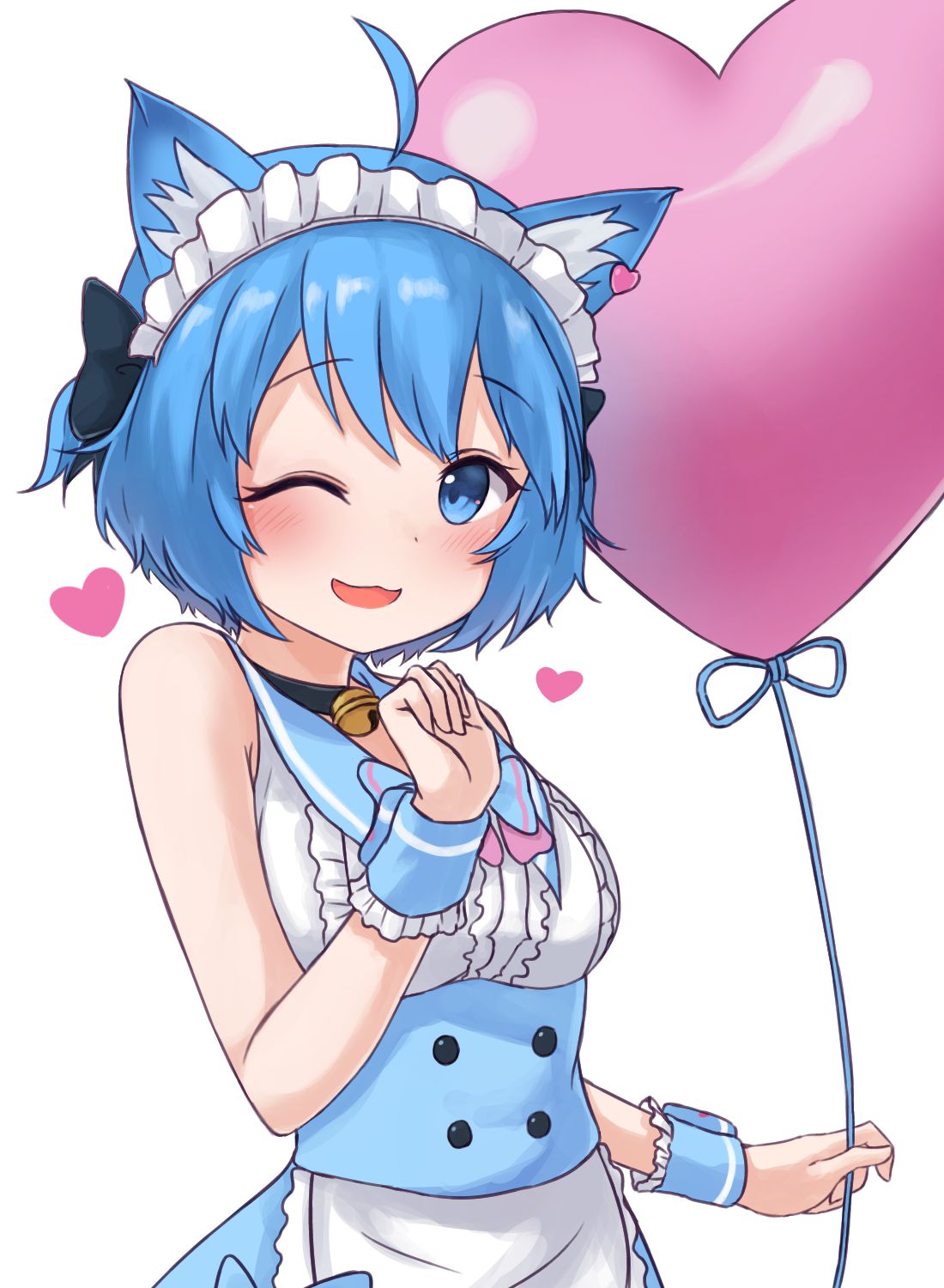 1girl :3 ahoge animal_ear_fluff animal_ears animare apron armpit_crease bangs bare_arms bare_shoulders bell black_bow black_choker blue_eyes blue_hair blue_sailor_collar blue_skirt blush bow breasts buttons choker commentary_request earrings eyebrows_visible_through_hair frills hair_bow hand_up heart heart_balloon heart_earrings highres holding_balloon jewelry jingle_bell looking_at_viewer maid maid_apron maid_headdress maka_neko medium_breasts one_eye_closed open_mouth sailor_collar shirt short_hair simple_background skirt sleeveless sleeveless_shirt smile solo souya_ichika two_side_up underbust upper_body virtual_youtuber white_apron white_background white_shirt wrist_cuffs