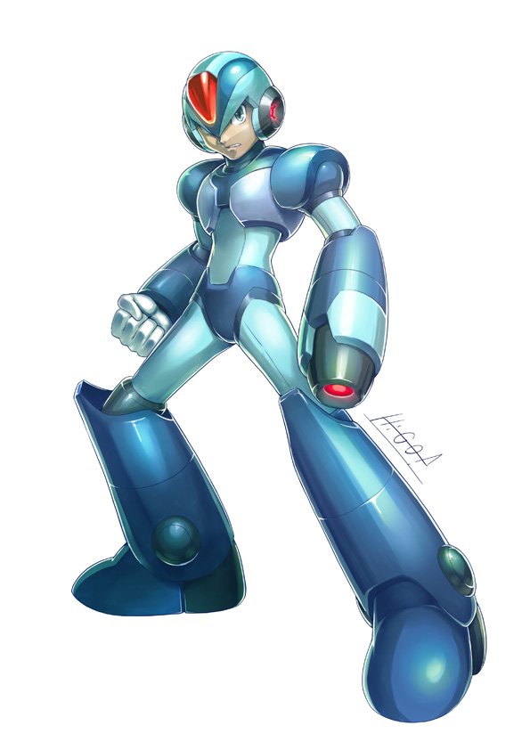 1boy android arm_cannon clenched_hand commentary_request full_body gloves green_eyes helmet hi-go! legs_apart male_focus rockman rockman_x serious signature simple_background solo standing weapon white_background x_(rockman)