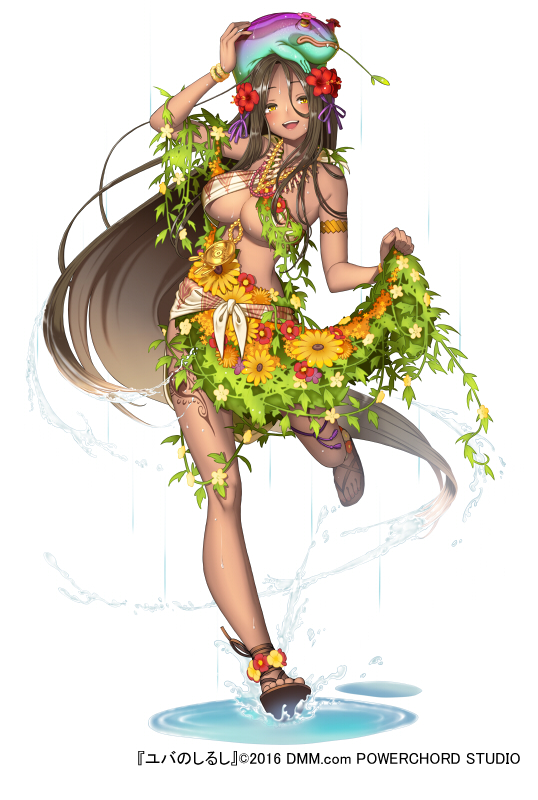 1girl :d animal animal_on_head arm_up armlet bare_shoulders blush breasts brown_eyes brown_hair cleavage dark_skin flower flower_skirt full_body hair_flower hair_ornament hair_ribbon jewelry large_breasts long_hair looking_at_viewer medallion midriff necklace official_art on_head open_mouth puddle purple_ribbon ribbon sandals simple_background skirt skirt_lift smile solo splashing standing standing_on_one_leg toad very_long_hair white_background wristband yuba_no_shirushi zenmaibook