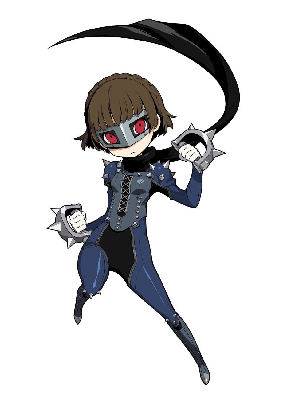 1girl biker_clothes bodysuit braid brass_knuckles brown_hair crown_braid highres mask niijima_makoto official_art persona persona_5 persona_q2:_new_cinema_labyrinth red_eyes scarf shoulder_spikes spikes weapon