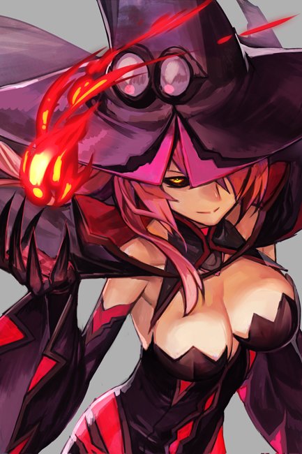 1girl bare_shoulders black_sclera blazblue breasts cleavage detached_sleeves fire flame grey_background hand_up hankuri hat hat_over_one_eye konoe_a_mercury large_breasts long_hair looking_at_viewer pink_hair simple_background smile solo wide_sleeves witch_hat yellow_eyes