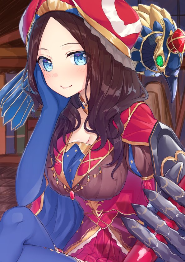 1girl bangs blue_eyes blue_gloves blue_legwear blush breasts brown_hair choker cleavage collarbone elbow_gloves fate/grand_order fate_(series) gloves hakuishi_aoi hand_on_own_cheek hat indoors large_breasts leonardo_da_vinci_(fate/grand_order) long_hair looking_at_viewer parted_bangs pleated_skirt red_skirt sitting skirt smile solo thigh-highs