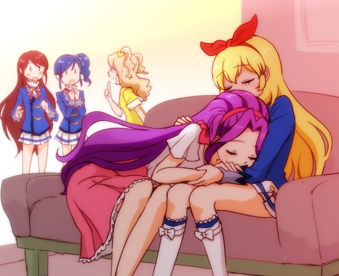 5girls =d aikatsu! aikatsu!_(series) blazer blonde_hair blue_hair blue_jacket blush bow brown_hair closed_eyes commentary_request couch covering_mouth dress eyebrows_visible_through_hair hair_bow hair_ornament hair_scrunchie hairband hitaishou_chiritori hoshimiya_ichigo indoors jacket kanzaki_mizuki kiriya_aoi lap_pillow light_brown_hair long_hair long_sleeves multiple_girls natsuki_mikuru on_couch open_mouth purple_hair school_uniform scrunchie shibuki_ran shirt short_sleeves side_ponytail sitting skirt sleeping smile starlight_academy_uniform two_side_up very_long_hair white_skirt yuri