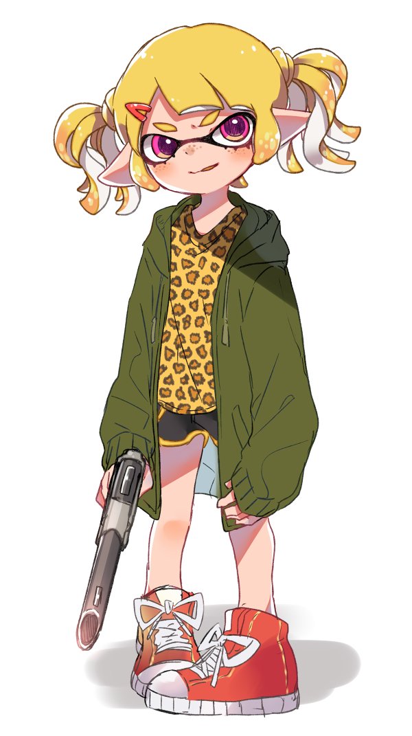 1girl animal_print bad_id bad_twitter_id bangs black_shorts blonde_hair blunt_bangs cross-laced_footwear domino_mask drawstring freckles full_body green_jacket gym_shorts hair_ornament hairclip head_tilt holding holding_weapon hood hoodie inkling jacket leopard_print looking_at_viewer maco_spl mask n-zap_(splatoon) open_clothes open_jacket orange_shirt parted_lips pointy_ears print_shirt red_eyes red_footwear shadow shirt shoes short_hair short_shorts short_twintails shorts simple_background smirk sneakers solo splatoon splatoon_(series) splatoon_2 standing tentacle_hair twintails weapon white_background