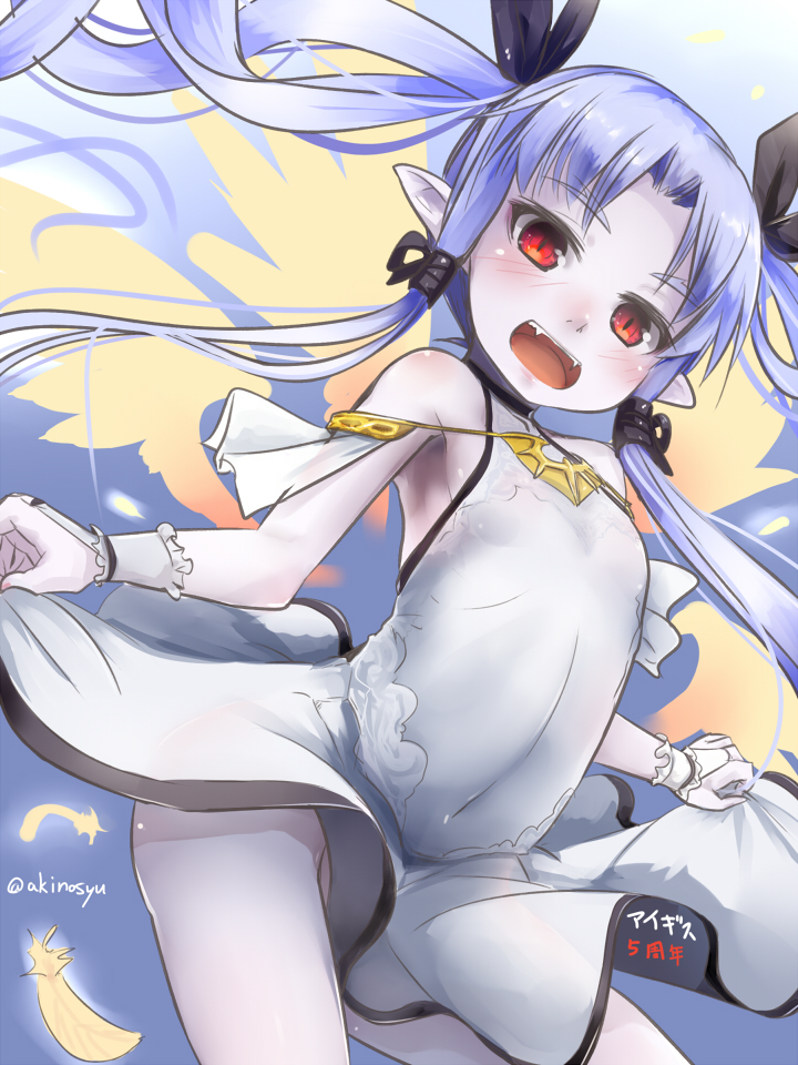 1girl :o akino_shuu bangs bare_shoulders black_bow blue_hair bow covered_navel dress eden_(sennen_sensou_aigis) fangs feathers flat_chest hair_bow long_hair looking_at_viewer pale_skin parted_bangs pointy_ears red_eyes sennen_sensou_aigis solo standing twintails twitter_username white_dress