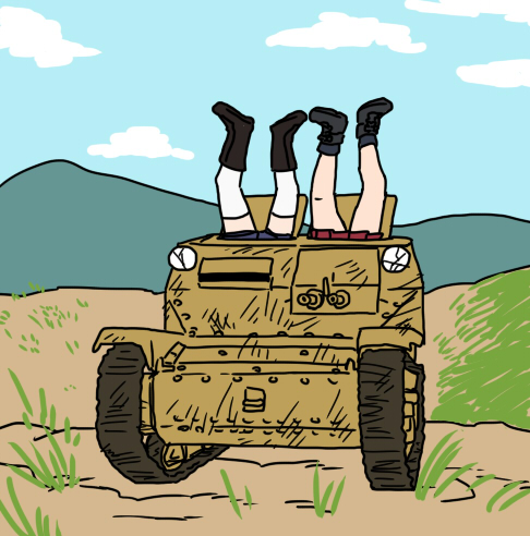 2girls ankle_boots black_footwear black_legwear blue_shorts blue_sky boots carro_veloce_cv-33 clouds cloudy_sky commentary day girls_und_panzer grass ground_vehicle kay_(girls_und_panzer) lowres military military_vehicle motor_vehicle mountain multiple_girls nishizumi_maho outdoors pleated_skirt red_skirt shorts sketch skirt sky socks tank tank_focus thigh-highs torinone upside-down white_legwear
