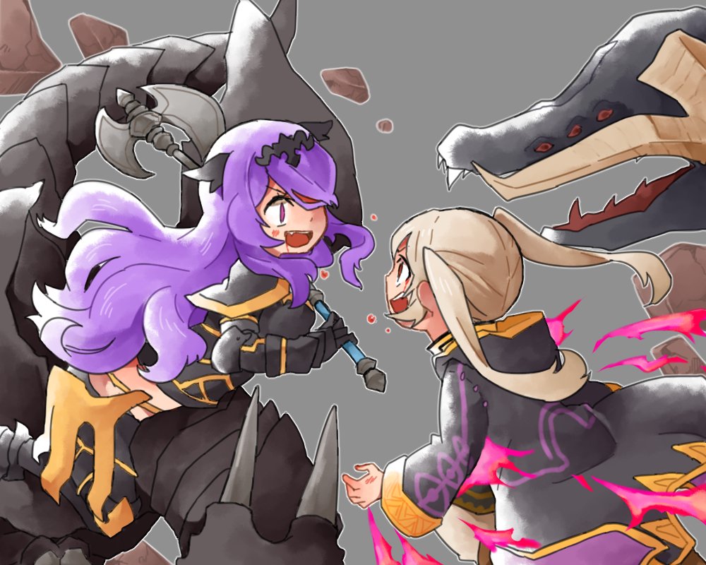 2girls armor axe black_armor blood blood_on_face camilla_(fire_emblem_if) dragon female_my_unit_(fire_emblem:_kakusei) fire_emblem fire_emblem:_kakusei fire_emblem_heroes fire_emblem_if gimurei grey_background holding holding_axe hood hood_down long_hair long_sleeves multiple_girls my_unit_(fire_emblem:_kakusei) nintendo open_mouth purple_hair riding robe shunrai simple_background tiara twintails white_hair