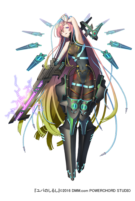 1girl armpits black_legwear blonde_hair blue_hair breasts energy_weapon full_body gradient_hair hair_over_one_eye hand_in_hair leotard long_hair long_torso looking_at_viewer mechanical_legs multicolored_hair navel_covered official_art pink_hair simple_background small_breasts solo standing very_long_hair violet_eyes white_background yuba_no_shirushi zenmaibook