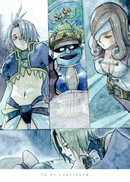 beatrix belt brahne_raza_alexandros_xvi breasts brown_eyes brown_hair cleavage commentary_request deboo eyepatch final_fantasy final_fantasy_ix kuja long_hair multiple_boys multiple_girls pantyhose traditional_media vivi_ornitier watercolor_(medium) zidane_tribal