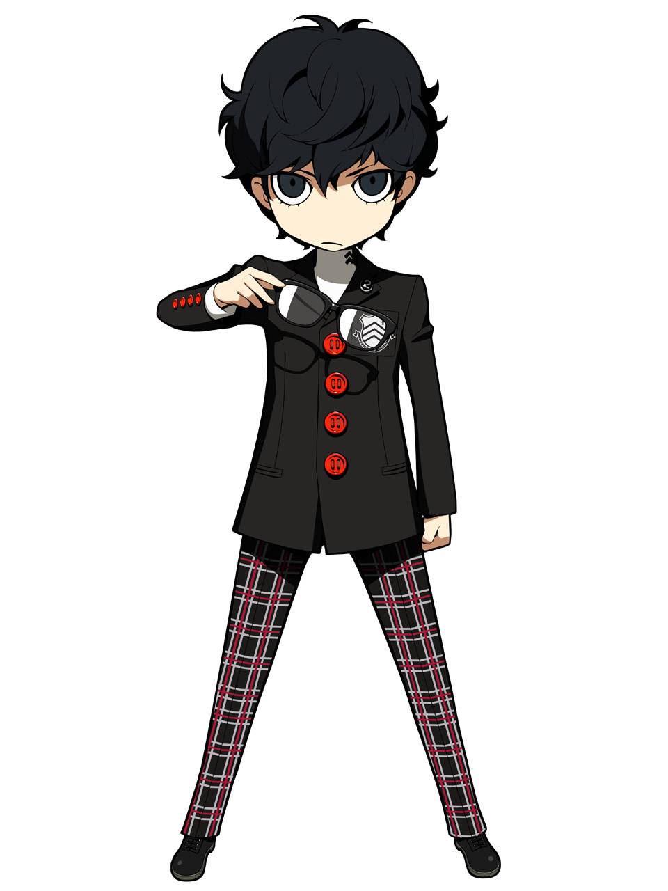 1boy amamiya_ren black_eyes black_hair blazer glasses highres jacket official_art pants persona persona_5 persona_q2:_new_cinema_labyrinth plaid plaid_pants shuujin_academy_uniform