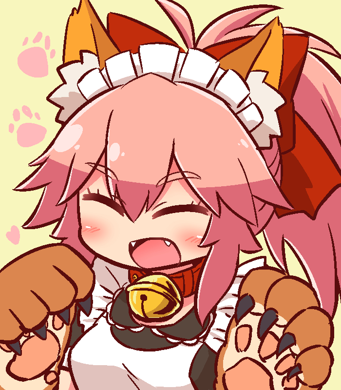 1girl :d ^_^ animal_ear_fluff animal_ears apron bangs bell bell_collar black_dress blush bow breasts closed_eyes closed_eyes collar dress eyebrows_visible_through_hair facing_viewer fangs fate/grand_order fate_(series) fox_ears gloves hair_between_eyes hair_bow hands_up jingle_bell long_hair maid_apron maid_headdress medium_breasts naga_u open_mouth paw_gloves paws pink_hair ponytail red_bow red_collar smile solo tamamo_(fate)_(all) tamamo_cat_(fate) white_apron