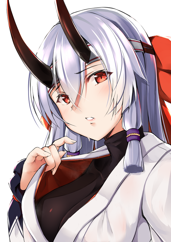 1girl armor bodysuit bow breasts clothes_pull commentary_request fate/grand_order fate_(series) hair_between_eyes hazuki_gyokuto headband horns japanese_armor japanese_clothes kimono large_breasts long_hair looking_at_viewer oni oni_horns parted_lips pink_lips red_bow red_eyes red_ribbon ribbon silver_hair solo tomoe_gozen_(fate/grand_order) upper_body very_long_hair white_kimono