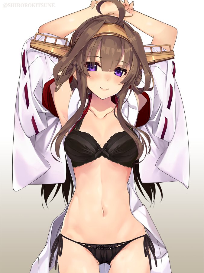 1girl ahoge aiguillette arms_up bangs bare_shoulders black_bra black_panties blush bra breasts brown_hair cleavage closed_mouth collarbone commentary_request cowboy_shot detached_sleeves double_bun eyebrows_visible_through_hair hair_between_eyes hairband headgear japanese_clothes kantai_collection kongou_(kantai_collection) large_breasts long_hair looking_at_viewer nontraditional_miko panties red_skirt remodel_(kantai_collection) shirokitsune side-tie_panties sidelocks simple_background skirt smile solo underwear violet_eyes white_background wide_sleeves