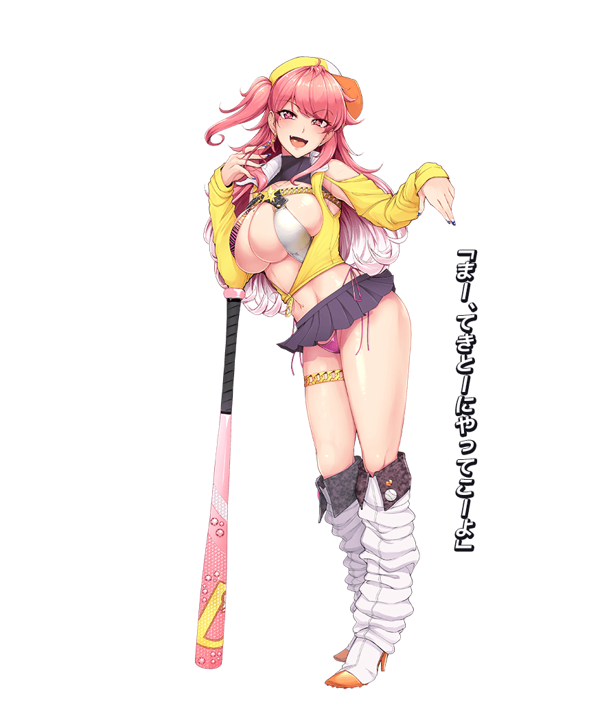 1girl bangs baseball_bat baseball_cap boots breasts cleavage deathball earrings fingernails full_body gradient gradient_hair hat high_heel_boots high_heels highleg highleg_panties huge_breasts jacket jewelry long_hair long_sleeves microskirt mole mole_under_eye multicolored_hair nail_polish navel official_art open_mouth panties pink_eyes pink_hair shiny shiny_hair shiny_skin sian side_ponytail skirt smile solo standing thigh_strap thighs transparent_background underwear white_hair