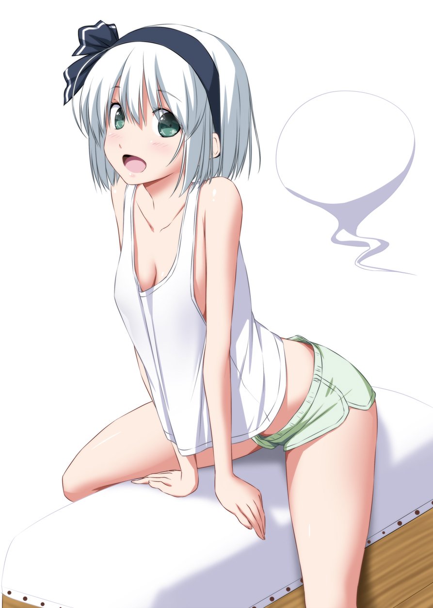 1girl alternate_costume arm_support bangs bare_arms bare_legs bare_shoulders black_hairband black_ribbon breasts cleavage collarbone commentary_request green_eyes gym_shorts hair_between_eyes hair_ribbon hairband highres konpaku_youmu konpaku_youmu_(ghost) looking_at_viewer medium_breasts nori_tamago open_mouth ribbon short_hair shorts silver_hair sitting smile solo straddling tank_top touhou vaulting_horse white_background white_tank_top