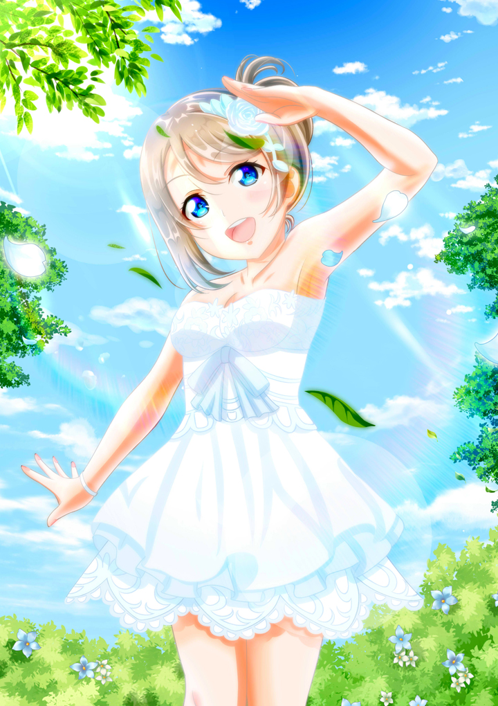 1girl alternate_hairstyle armpits bangs bare_arms bare_shoulders blue_eyes blush breasts bush cleavage clouds collarbone do10nn dress flower grey_hair hair_between_eyes hair_flower hair_ornament leaf looking_at_viewer love_live! love_live!_sunshine!! medium_breasts open_mouth outdoors salute sky sleeveless sleeveless_dress smile solo sunlight thank_you_friends!! tree watanabe_you white_dress