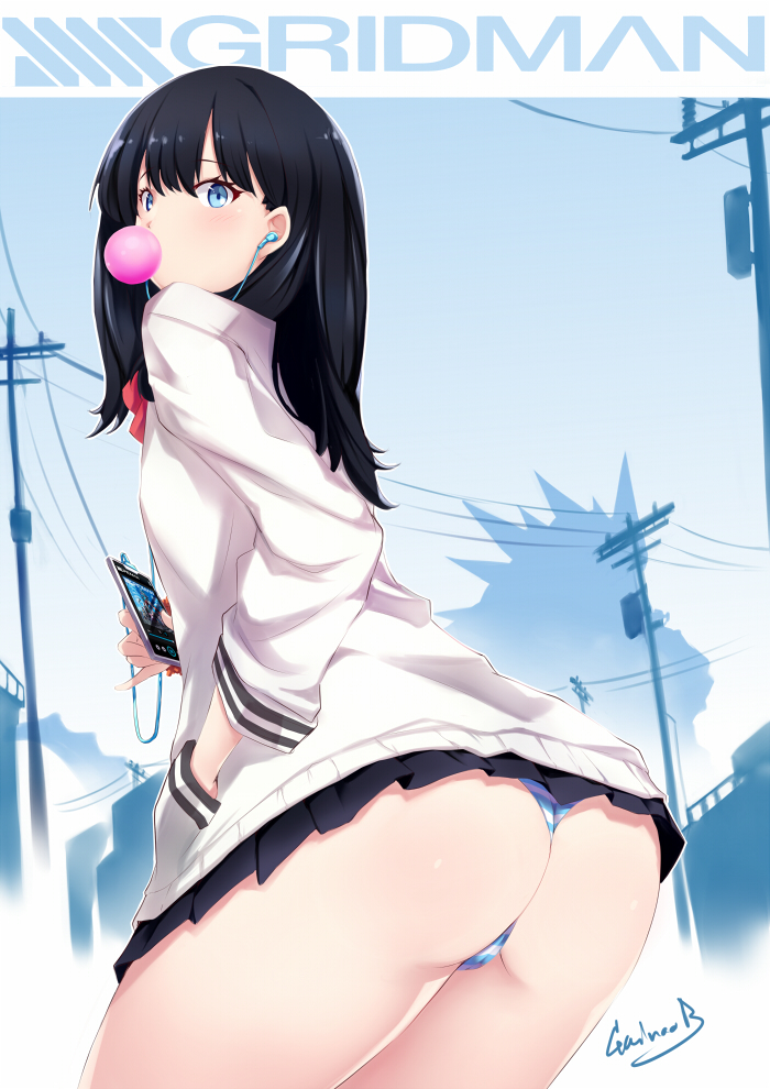 1girl ass black_hair black_skirt blue_eyes bow bowtie bubble_blowing cardigan cellphone chewing_gum commentary_request commission copyright_name earphones eyebrows_visible_through_hair gainoob holding holding_cellphone holding_phone long_hair long_sleeves looking_at_viewer looking_back panties pantyshot pantyshot_(standing) phone pleated_skirt red_bow school_uniform signature skirt solo ssss.gridman standing striped striped_panties takarada_rikka thighs underwear white_cardigan