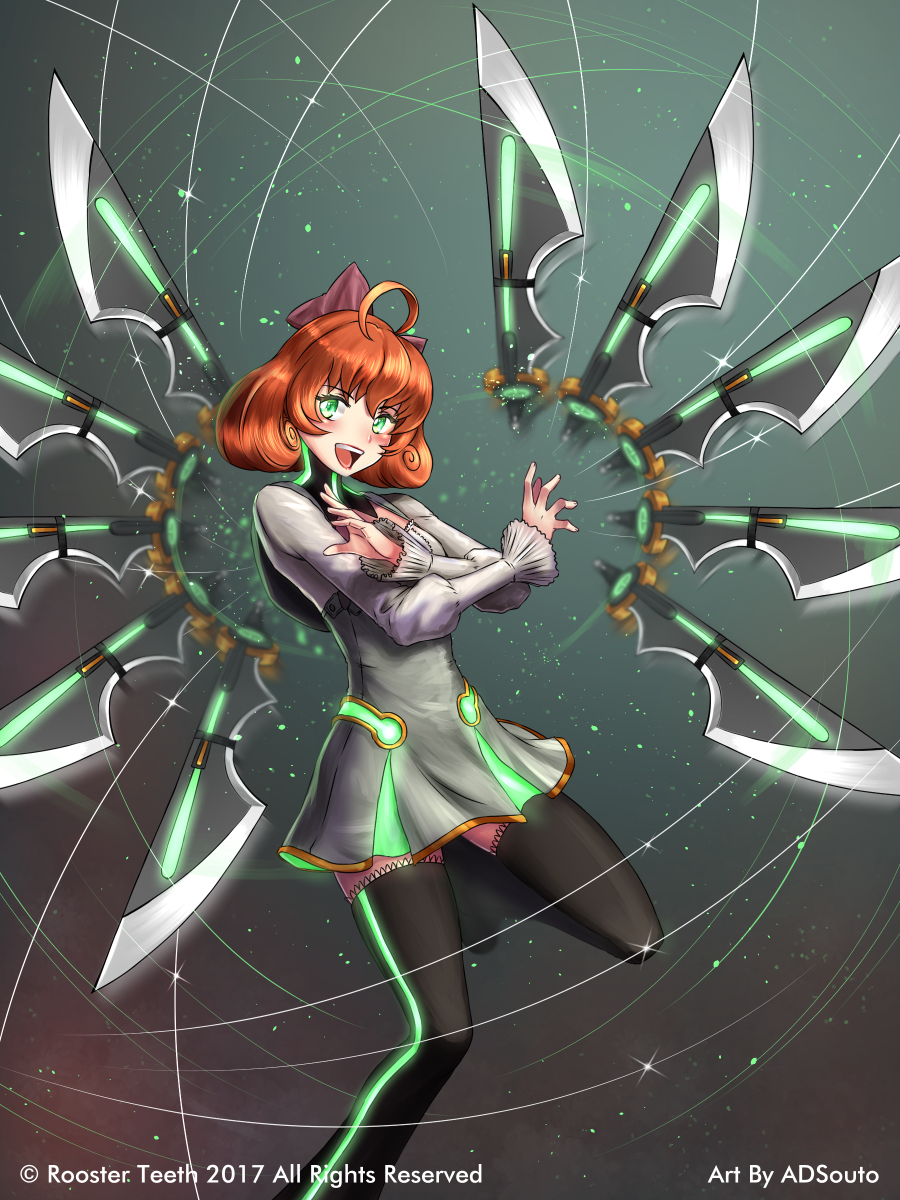 1girl adsouto ahoge artist_name black_legwear blush bow curly_hair eyebrows_visible_through_hair fighting_stance green_eyes hair_bow highres looking_at_viewer motion_blur open_mouth orange_hair penny_polendina rwby short_hair solo thigh-highs watermark weapon
