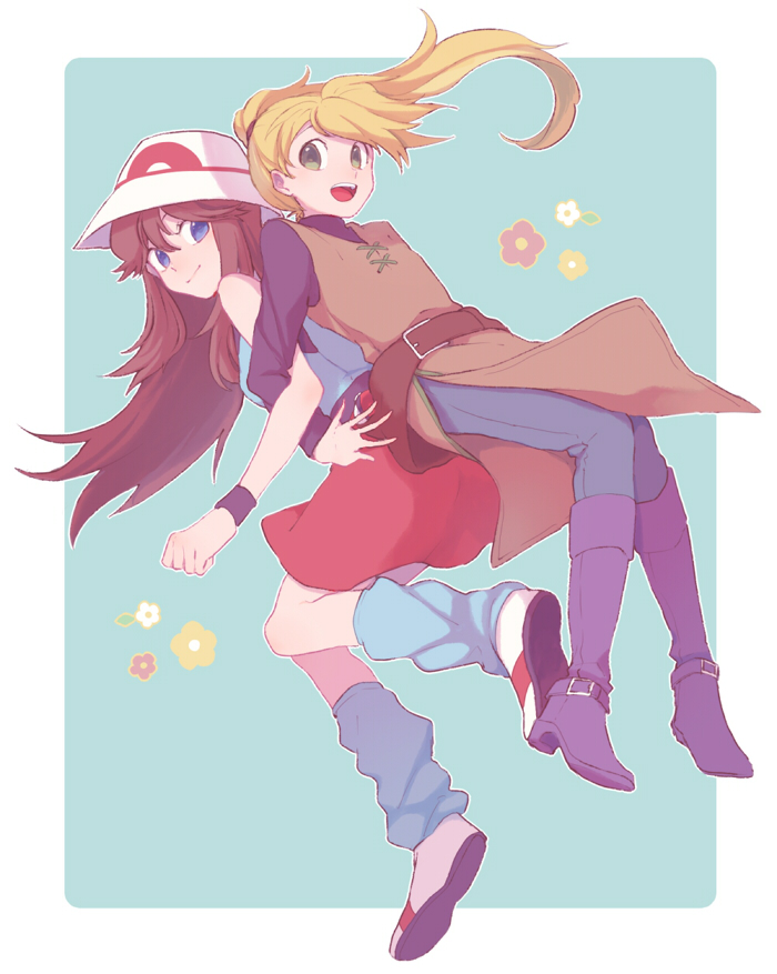 2girls :d blonde_hair blue_(pokemon) blue_background blue_eyes blue_footwear blue_pants brown_dress brown_hair creatures_(company) dress game_freak green_eyes hat locked_arms long_hair long_sleeves multiple_girls nintendo open_mouth pants poke_ball pokemon pokemon_special ponytail red_skirt skirt smile white_hat yellow_(pokemon) yui_ko