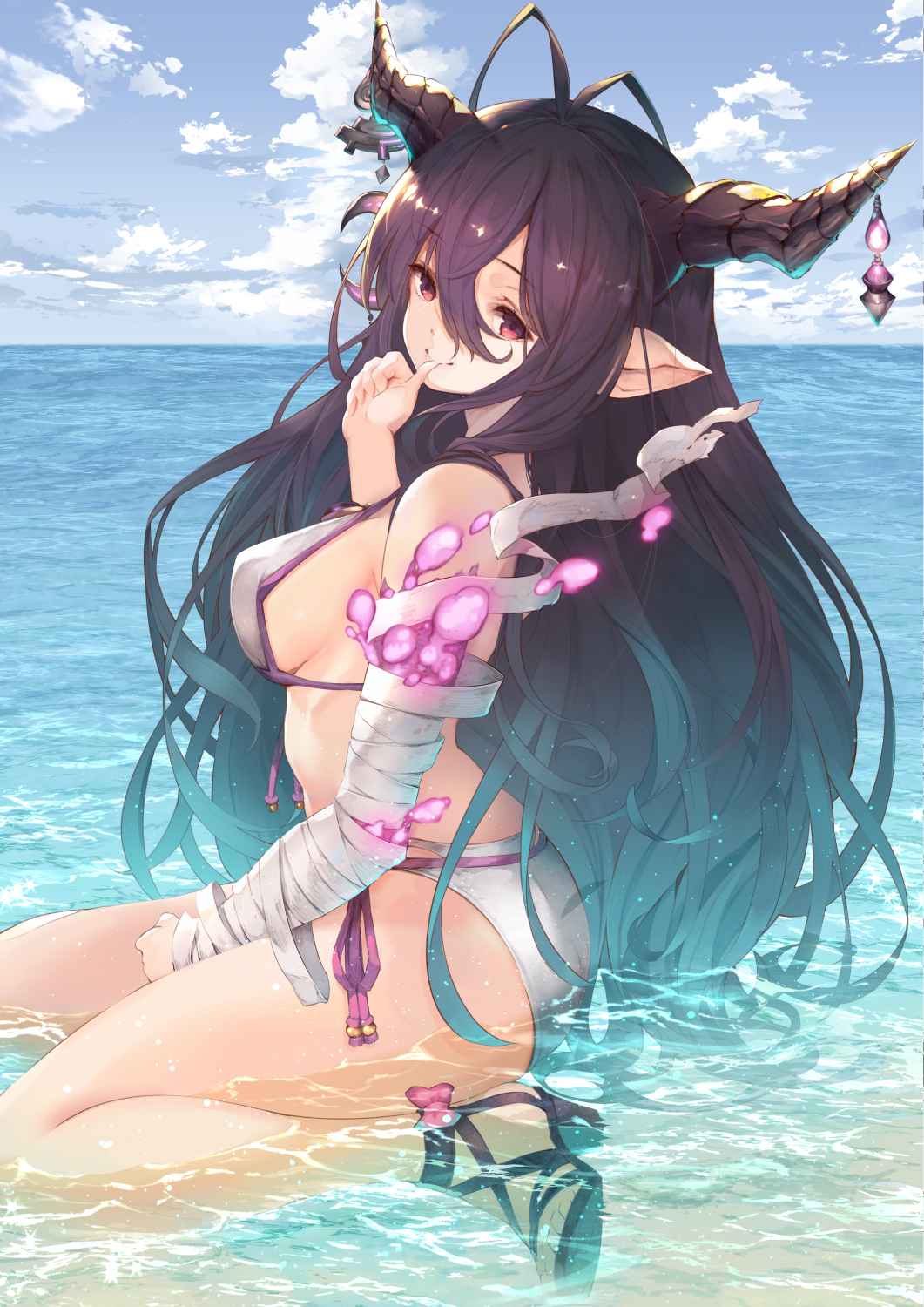 antenna_hair bandage bandaged_arm bandages bikini black_hair blue_sky breasts clouds crescent crescent_hair_ornament danua day draph eyebrows_visible_through_hair finger_to_mouth granblue_fantasy hair_between_eyes hair_ornament high_heels highres horn_ornament horns large_breasts long_hair looking_at_viewer pointy_ears profile red_eyes ryouku sitting sky swimsuit wariza water white_bikini