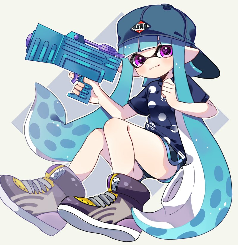 1girl aqua_hair backwards_hat bangs baseball_cap black_footwear black_shorts blue_hair blunt_bangs closed_mouth commentary domino_mask full_body gym_shorts hat holding holding_weapon inkling inkling_(language) invisible_chair legs_up logo long_hair looking_at_viewer maco_spl mask navy_blue_shirt pointy_ears polka_dot polka_dot_shirt shirt short_shorts short_sleeves shorts sitting smile solo splatoon splatoon_(series) splatoon_2 splattershot_jr_(splatoon) straight-laced_footwear t-shirt violet_eyes weapon