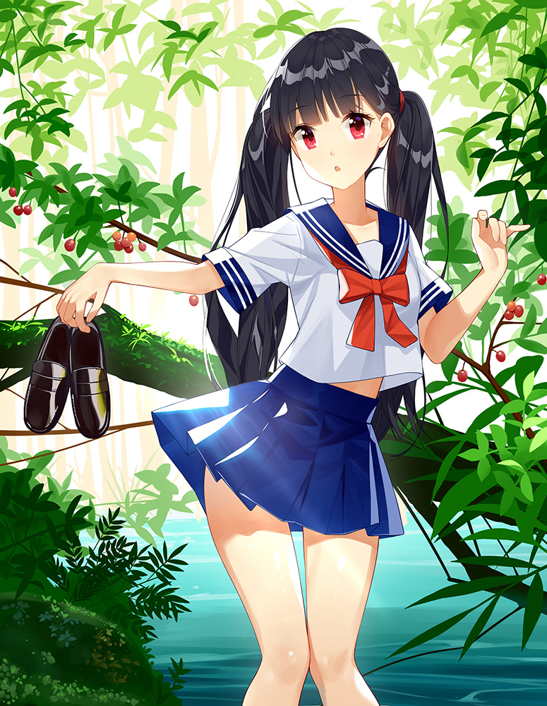 1girl berries black_footwear black_hair blue_skirt commentary eyebrows_visible_through_hair head_tilt holding loafers long_hair looking_at_viewer original pananother parted_lips plant pleated_skirt red_eyes school_uniform serafuku shirt shoes short_sleeves skirt solo standing sunlight twintails very_long_hair water white_shirt