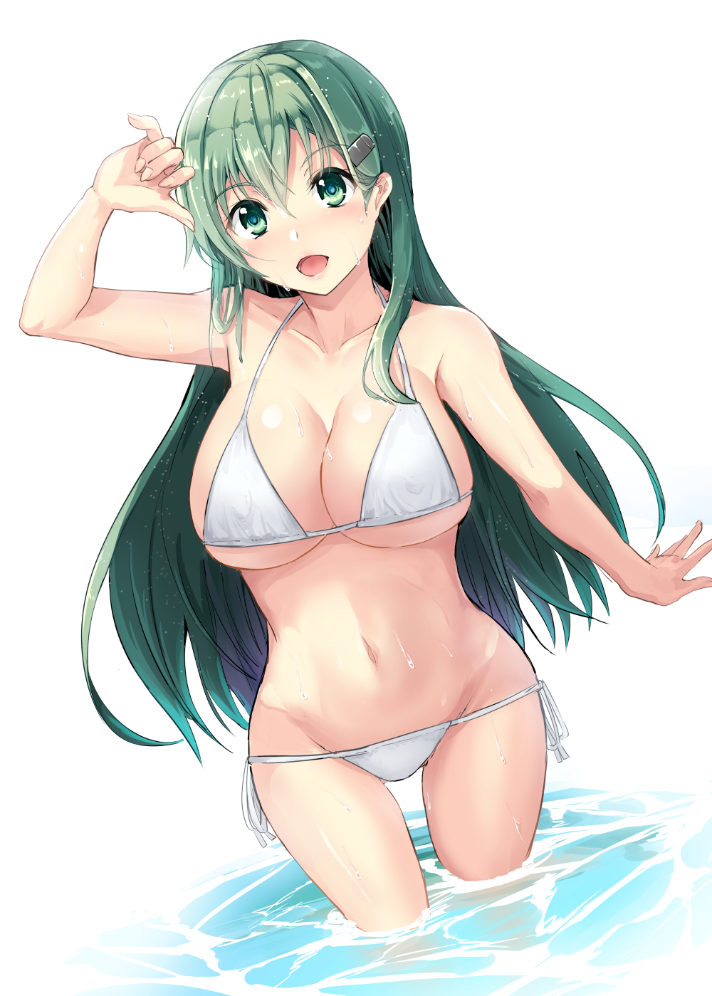 1girl aqua_eyes aqua_hair bikini breasts collarbone gin'ichi_(akacia) hair_ornament hairclip highres kantai_collection large_breasts long_hair looking_at_viewer navel open_mouth partially_submerged side-tie_bikini simple_background solo standing suzuya_(kantai_collection) swimsuit upper_body wading wet white_background white_bikini