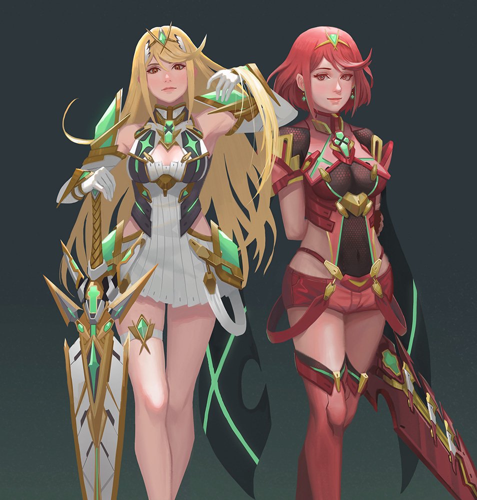 2girls armor bangs blonde_hair breasts cleavage cleavage_cutout covered_navel earrings fingerless_gloves gem gloves headpiece mythra_(xenoblade) pyra_(xenoblade) jewelry large_breasts long_hair multiple_girls nintendo red_eyes red_shorts redhead short_hair shorts shoulder_armor simple_background swept_bangs sword thigh_strap tiara weapon xenoblade_(series) xenoblade_2 yagaminoue yellow_eyes
