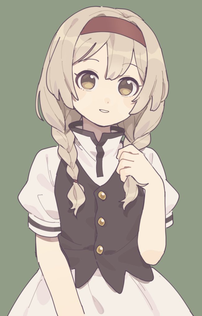 1girl bangs black_vest blonde_hair braid brown_eyes dress gomi_(kaiwaresan44) green_background hair_over_shoulder hair_tie hand_in_hair long_hair looking_at_viewer original parted_lips puffy_short_sleeves puffy_sleeves red_headband short_sleeves simple_background smile solo standing twin_braids twintails upper_body vest white_dress