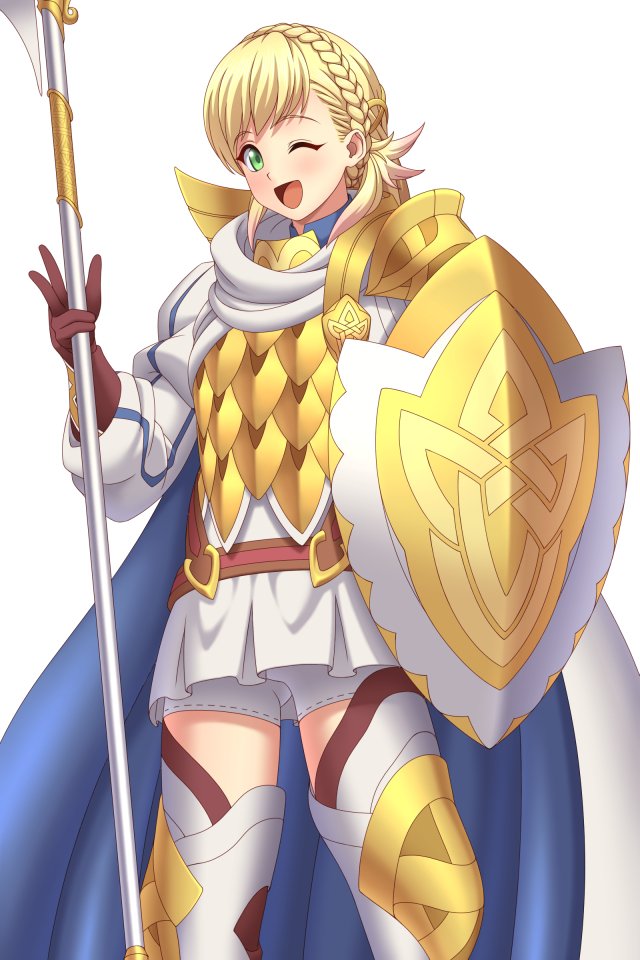 1girl armor blonde_hair braid cape cute fire_emblem fire_emblem_heroes full_body gloves green_eyes holding holding_shield holding_spear holding_weapon intelligent_systems looking_at_viewer nintendo one_eye_closed polearm rere_(yusuke) scale_armor sharena shield simple_background skirt smile solo spear thigh-highs weapon white_background wink