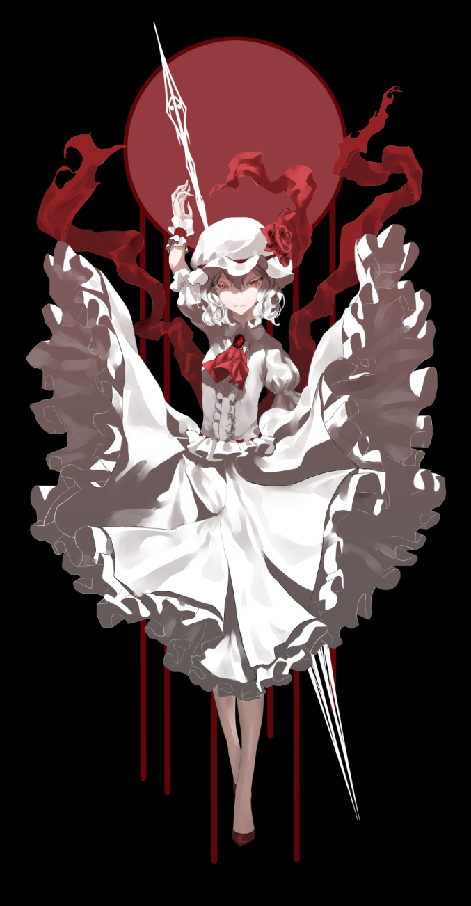 1girl arm_up black_background dress flower full_body hat hat_flower highres looking_at_viewer mob_cap red_eyes red_flower red_neckwear remilia_scarlet ribbon short_hair simple_background solo spear_the_gungnir touhou tsuki-shigure white_dress white_hair white_hat