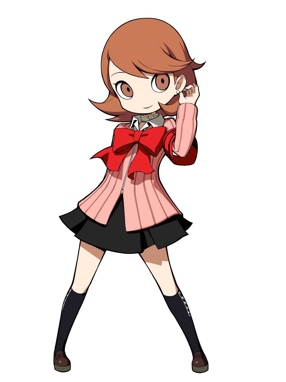 1girl black_legwear brown_eyes brown_hair gekkoukan_high_school_uniform highres official_art persona persona_3 persona_q2:_new_cinema_labyrinth pink_sweater ribbed_sweater ribbon skirt socks solo sweater takeba_yukari