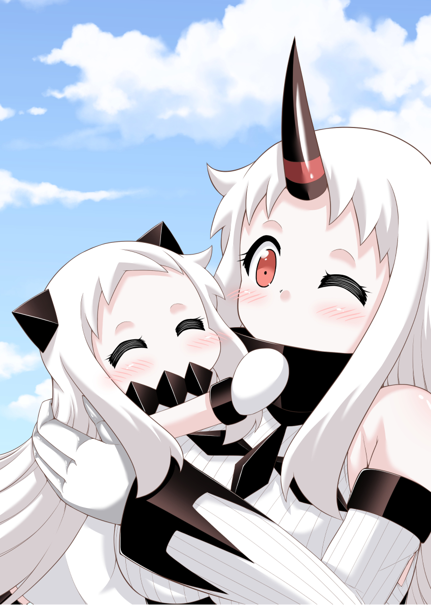 2girls ^_^ claws closed_eyes closed_eyes detached_sleeves horn horns hug kantai_collection long_hair long_sleeves mittens multiple_girls northern_ocean_hime one_eye_closed pale_skin red_eyes ribbed_sweater seaport_hime shinkaisei-kan sweater white_hair yamato_nadeshiko