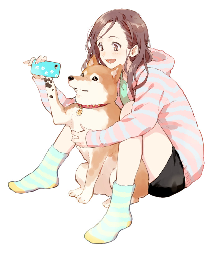 1girl :d between_legs black_shorts boots brown_eyes brown_hair cellphone collar dog forehead full_body holding holding_cellphone holding_phone hood hooded_sweater long_sleeves open_mouth original paw_print paw_print_pattern pet phone red_collar self_shot shiba_inu short_shorts shorts sitting smile striped striped_legwear striped_sweater sweater taking_picture white_background yuu_(warm_water)