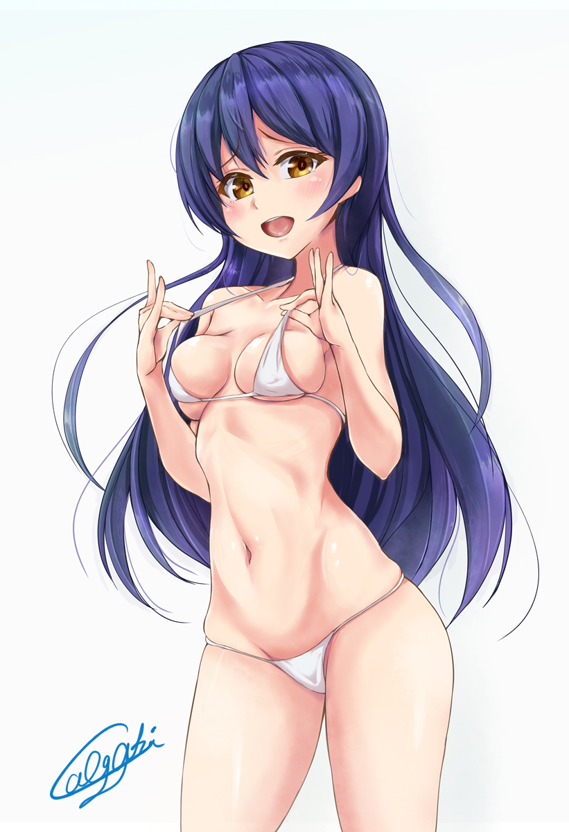 1girl bikini blue_hair breasts ca_ba_ya_ki collarbone commentary_request cowboy_shot highres long_hair looking_at_viewer love_live! love_live!_school_idol_project lowleg lowleg_bikini medium_breasts navel open_mouth simple_background smile solo sonoda_umi standing swimsuit white_background white_bikini yellow_eyes