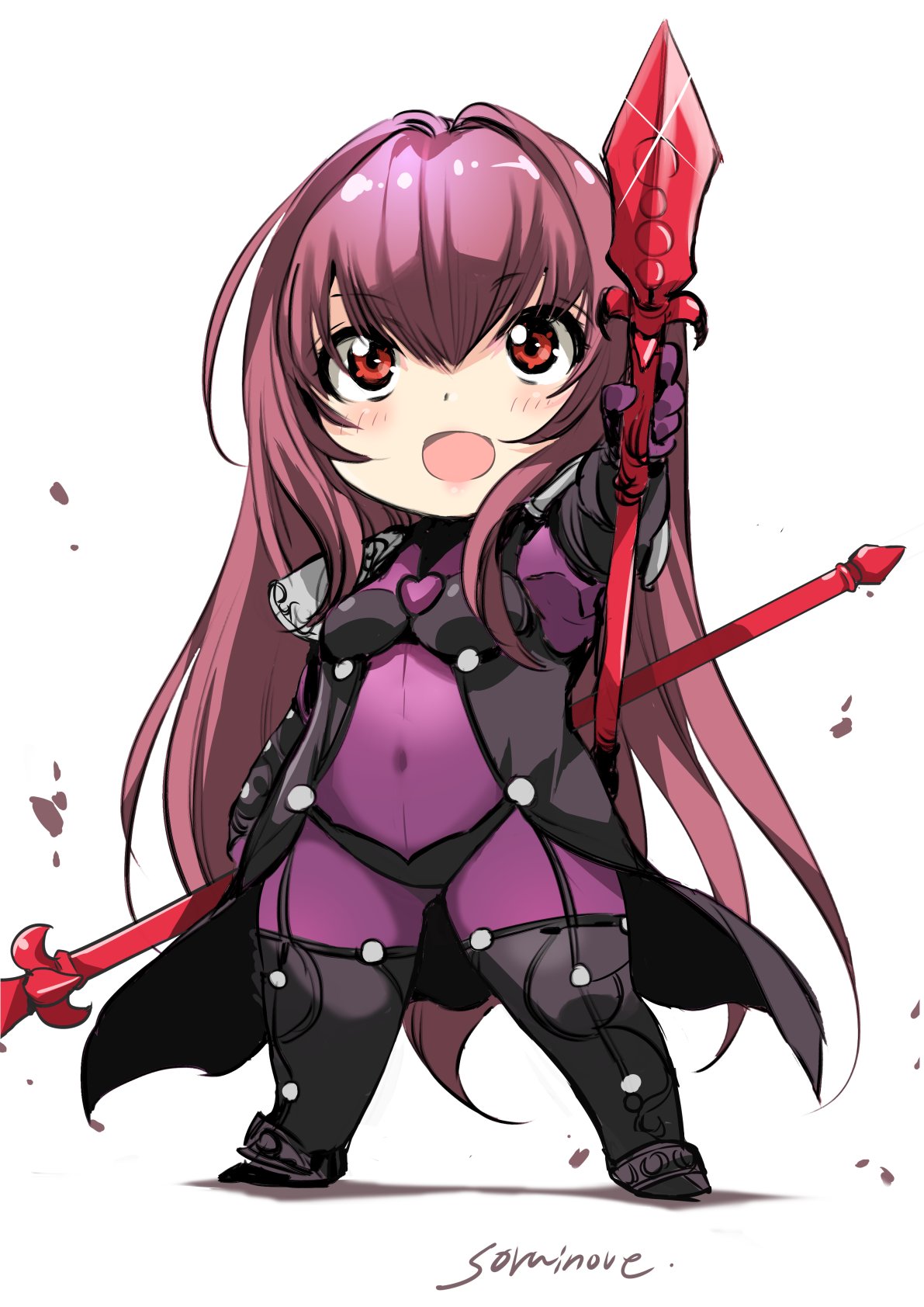 :d bodysuit breasts chibi fate/grand_order fate_(series) gae_bolg hair_intakes highres holding holding_weapon inoue_sora leotard long_hair looking_up open_mouth pauldrons polearm purple_bodysuit purple_hair purple_leotard red_eyes scathach_(fate)_(all) scathach_(fate/grand_order) shoulder_armor signature smile spear weapon white_background