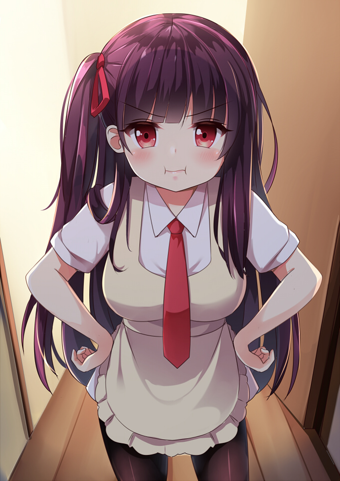 1girl :i agung_syaeful_anwar apron blush brown_apron brown_hair brown_legwear closed_mouth collared_shirt commentary frilled_apron frills girls_frontline hair_ribbon hands_on_hips indoors long_hair necktie one_side_up pantyhose pout puffy_short_sleeves puffy_sleeves red_eyes red_neckwear red_ribbon ribbon shirt short_sleeves skirt solo standing very_long_hair wa2000_(girls_frontline) white_shirt white_skirt wooden_floor