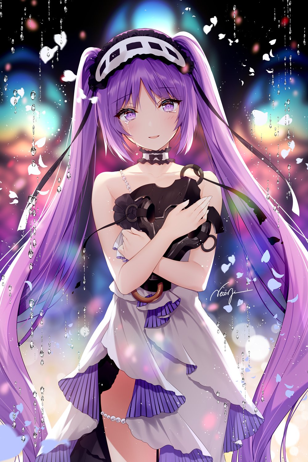 1girl bangs bare_shoulders blush breasts choker crying crying_with_eyes_open dress euryale eyebrows_visible_through_hair fate/grand_order fate/hollow_ataraxia fate_(series) feathers hairband head_tilt highres jewelry lolita_hairband long_hair looking_at_viewer necomi object_hug open_mouth purple_hair sidelocks signature smile solo tears thighlet twintails very_long_hair violet_eyes white_dress