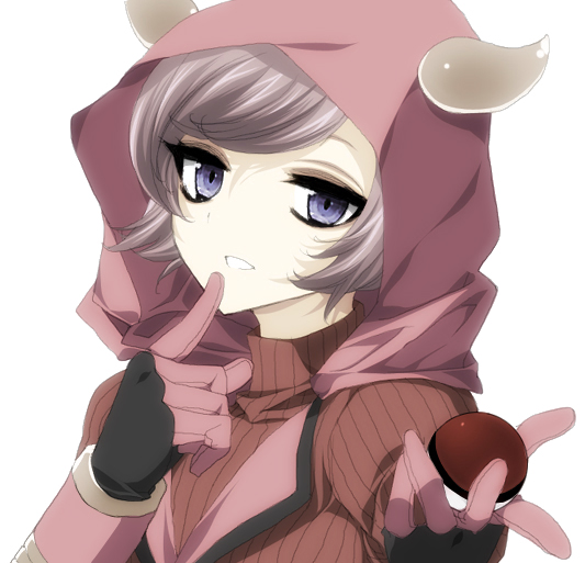 1girl bad_id bad_pixiv_id breasts creatures_(company) fake_horns game_freak gloves hood hoodie horned_headwear kagari_(pokemon) looking_at_viewer mio_yanagihara misteor nintendo pokemon pokemon_(game) pokemon_oras purple_hair ribbed_sweater short_hair solo sweater team_magma uniform violet_eyes