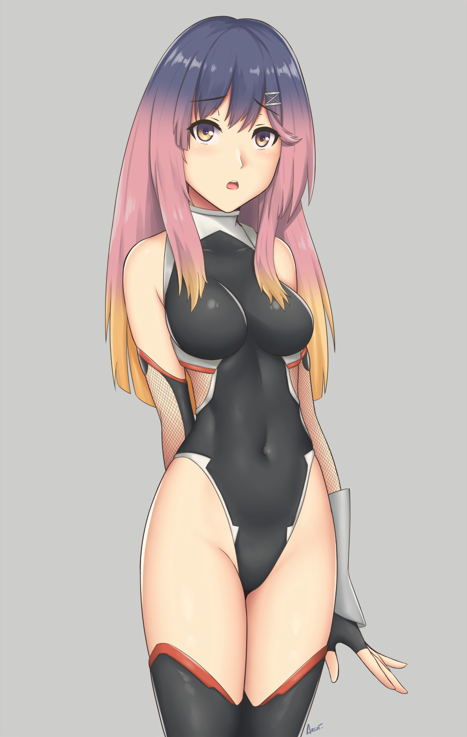 1girl alternate_breast_size arciealbano artist_name black_legwear black_leotard blush breasts brown_eyes collarbone collarbone_visible_through_hair covered_navel fingerless_gloves gloves grey_background hair_ornament hairclip highres impossible_clothes kantai_collection leotard long_hair looking_at_viewer medium_breasts multicolored_hair older open_mouth orange_hair purple_hair sidelocks simple_background solo standing taimanin_(series) taimanin_suit thigh-highs tsushima_(kantai_collection) upper_body