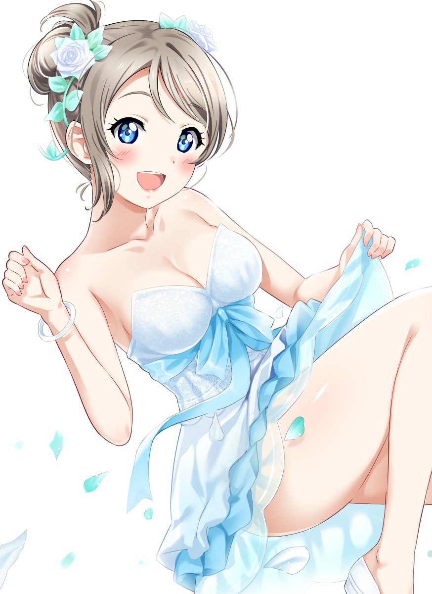 1girl :d =d alternate_hairstyle bangs bare_arms bare_shoulders blue_bow blue_eyes blush bow bow_dress bracelet breasts cleavage collarbone dress dress_lift eyebrows_visible_through_hair flower hair_between_eyes hair_flower hair_ornament highres jewelry looking_at_viewer love_live! love_live!_sunshine!! medium_breasts open_mouth petals rozen5 simple_background sitting smile strapless strapless_dress thank_you_friends!! thighs watanabe_you white_background white_dress white_footwear