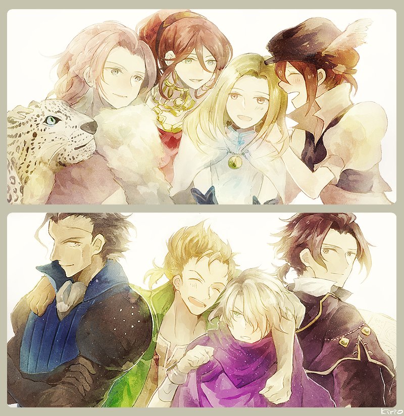 alfyn_(octopath_traveler) animal bag blonde_hair bracelet braid braided_ponytail brown_hair cloak cyrus_(octopath_traveler) dress fur_trim gloves h'aanit_(octopath_traveler) hair_over_one_eye hat hug jewelry linde_(octopath_traveler) long_hair multiple_boys multiple_girls necklace octopath_traveler okii olberic_eisenberg open_mouth ophilia_(octopath_traveler) ponytail primrose_azelhart scar scarf short_hair simple_background single_braid smile snow_leopard therion_(octopath_traveler) tressa_(octopath_traveler) white_hair