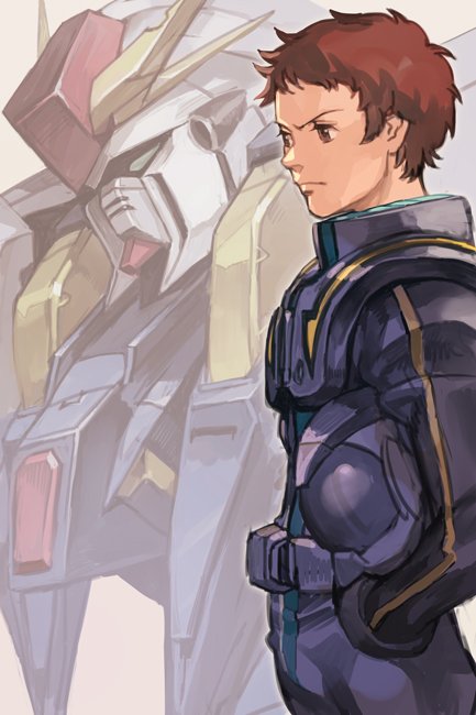 1boy brown_eyes brown_hair gundam gundam_hathaway's_flash hankuri hathaway_noa helmet holding holding_helmet looking_afar male_focus mecha messy_hair pilot_suit serious short_hair standing xi_gundam