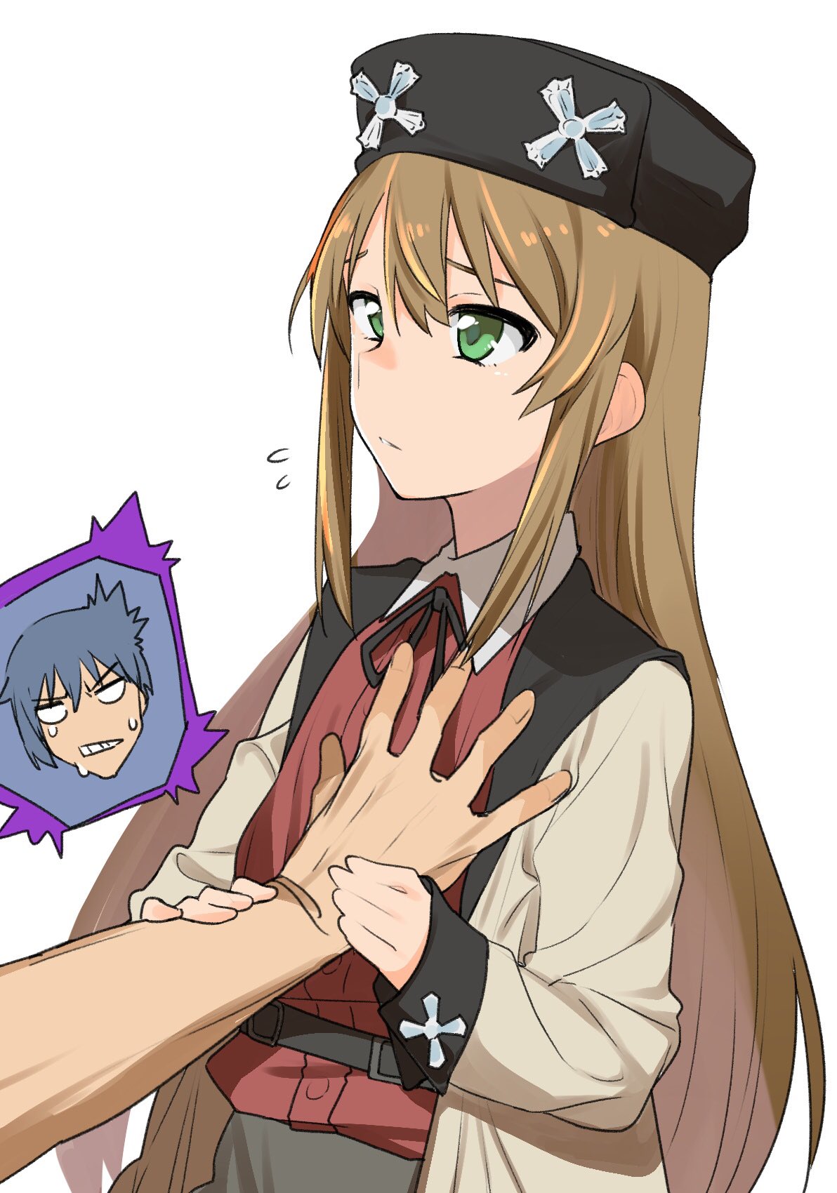 1girl breast_grab brown_hair el_mofus_(rance_10) flat_chest grabbing green_eyes guided_breast_grab hand_on_another's_chest hat highres long_hair rance_(series) rance_10 sicosour2 simple_background white_background zance_leazus