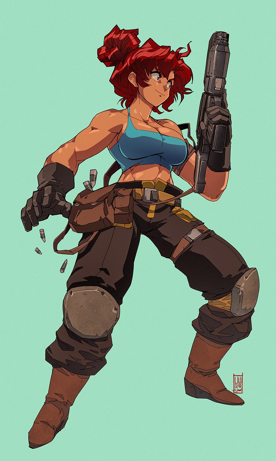 1girl 90s baggy_pants belt belt_pouch biceps black_gloves breasts bullet cleavage commentary crop_top dark_skin david_liu english_commentary full_body gloves green_background gun hair_bun highres knee_pads large_breasts long_hair machine_pistol maria_(space_maria) midriff pants pouch red_eyes redhead short_hair smile solo space_maria strap tank_top taut_clothes toned trigger_discipline updo weapon