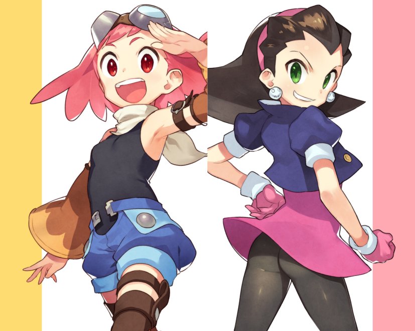 2girls aero armpits ass bare_shoulders blue_shorts blush breasts brown_hair cropped_jacket detached_sleeves earrings gloves goggles goggles_on_head green_eyes hair_pulled_back hair_slicked_back hairband hand_on_hip jewelry kin_niku looking_at_viewer looking_back multiple_girls open_mouth pantyhose pink_gloves pink_hair pink_hairband puffy_short_sleeves puffy_shorts puffy_sleeves red_eyes rockman rockman_dash scarf short_hair short_shorts short_sleeves shorts small_breasts smile teeth thigh-highs tron_bonne