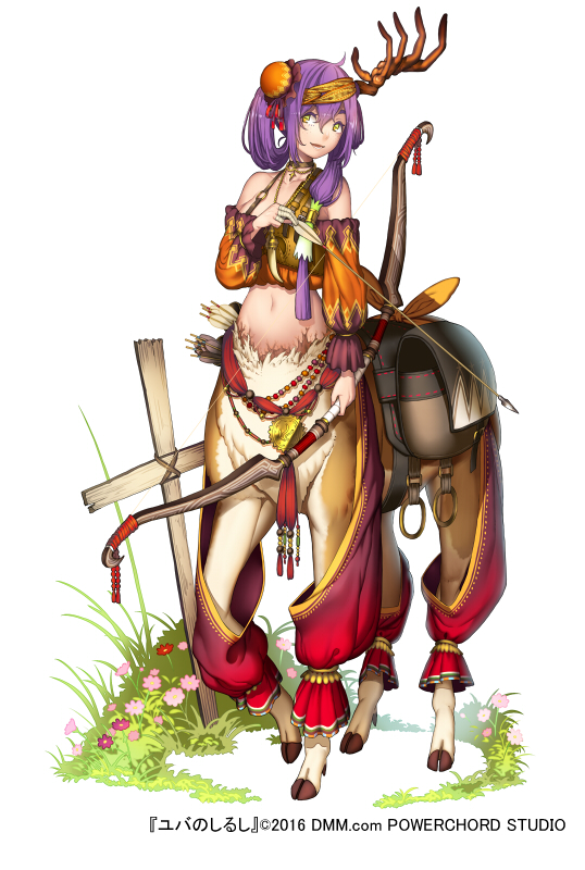 1girl antler arrow bare_shoulders bow_(weapon) centaur cross detached_sleeves flower full_body grass hair_bun hair_tubes holding holding_bow_(weapon) holding_weapon looking_at_viewer midriff monster_girl muneate navel official_art purple_hair quiver saddlebags side_bun simple_background solo standing stirrups weapon white_background yellow_eyes yuba_no_shirushi zenmaibook