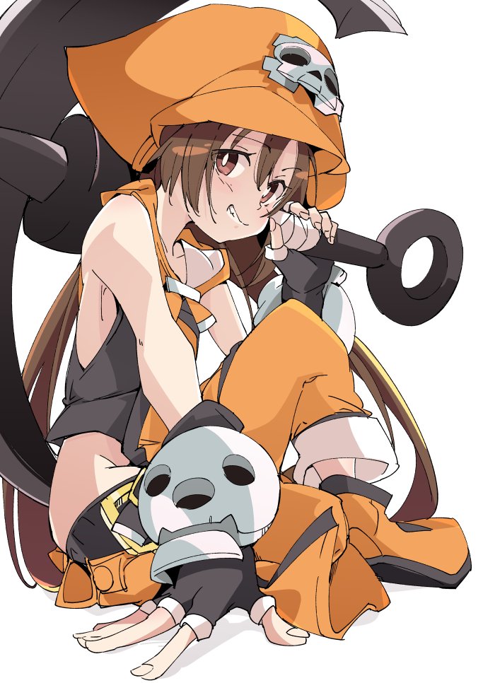 1girl anchor black_gloves brown_eyes brown_hair clenched_teeth eyebrows_visible_through_hair fingerless_gloves gloves guilty_gear hat ixy long_hair looking_at_viewer may_(guilty_gear) orange_hat pirate_hat simple_background sitting skull smile solo teeth white_background